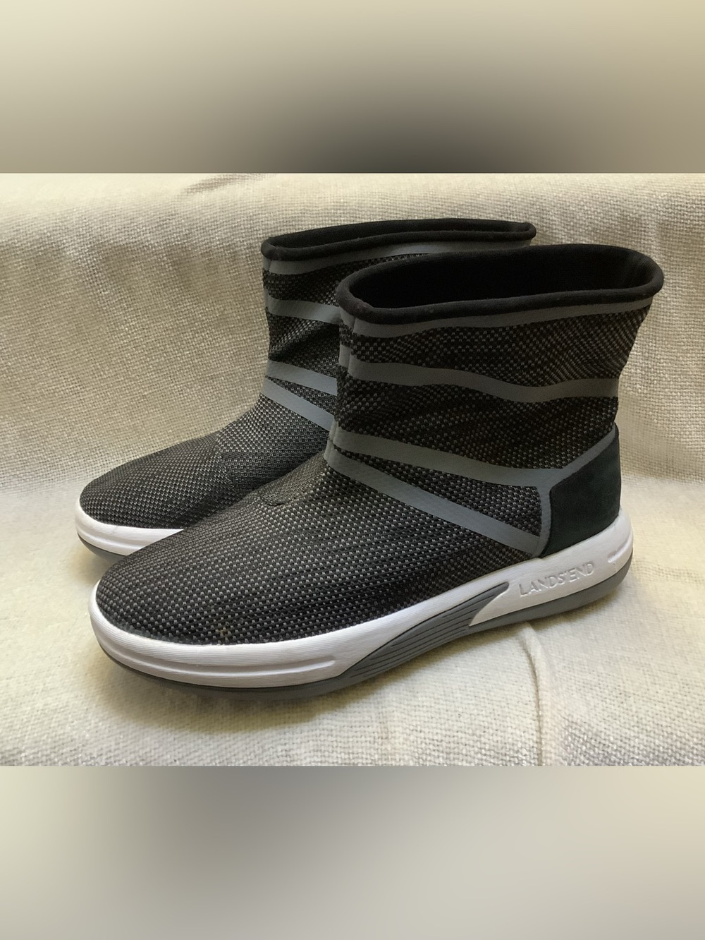 Lands' End Pull On Soft Knit Ankle Sneaker Booties-Heathered Black & Gray-9M